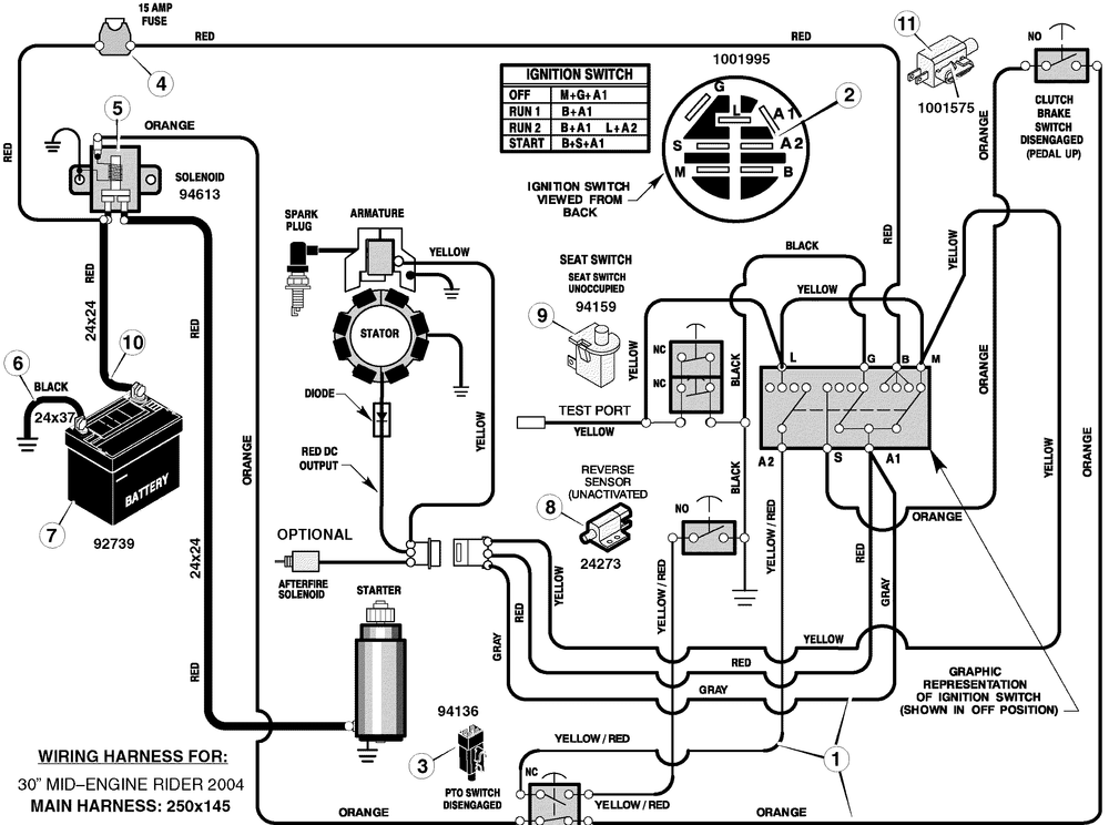 Electrical System Diagram and Parts List for 309008X99B 2005 Briggs and Stratton Lawn Tractor